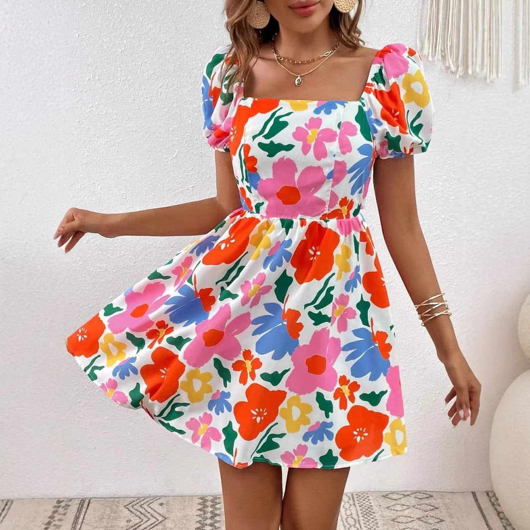 Floral Print Square Neck Puff Sleeve Tie Back Open Back Mini Dress