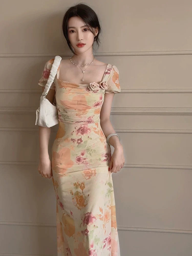 Floral Puff Sleeve Rosette Bodycon Midi Dress 6