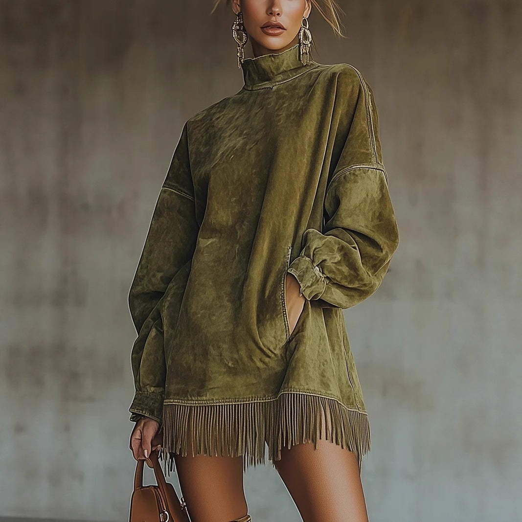 Suede Look Mock Neck Long Sleeve Fringe Hem Oversized Sweatshirt Mini Dress 2