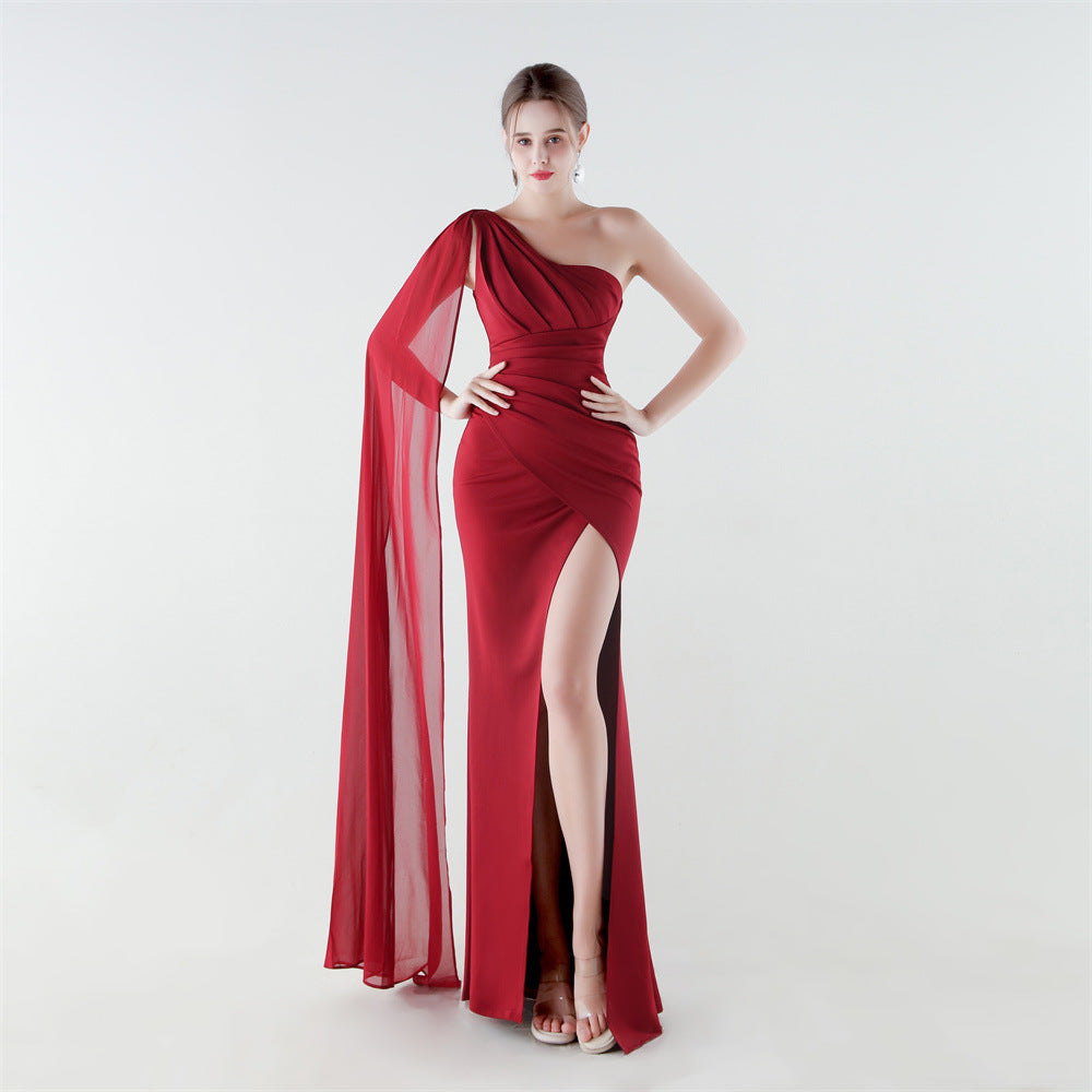 Satin Chiffon One Shoulder Ribbon Fishtail High Slit Slim Slimming Evening Dress