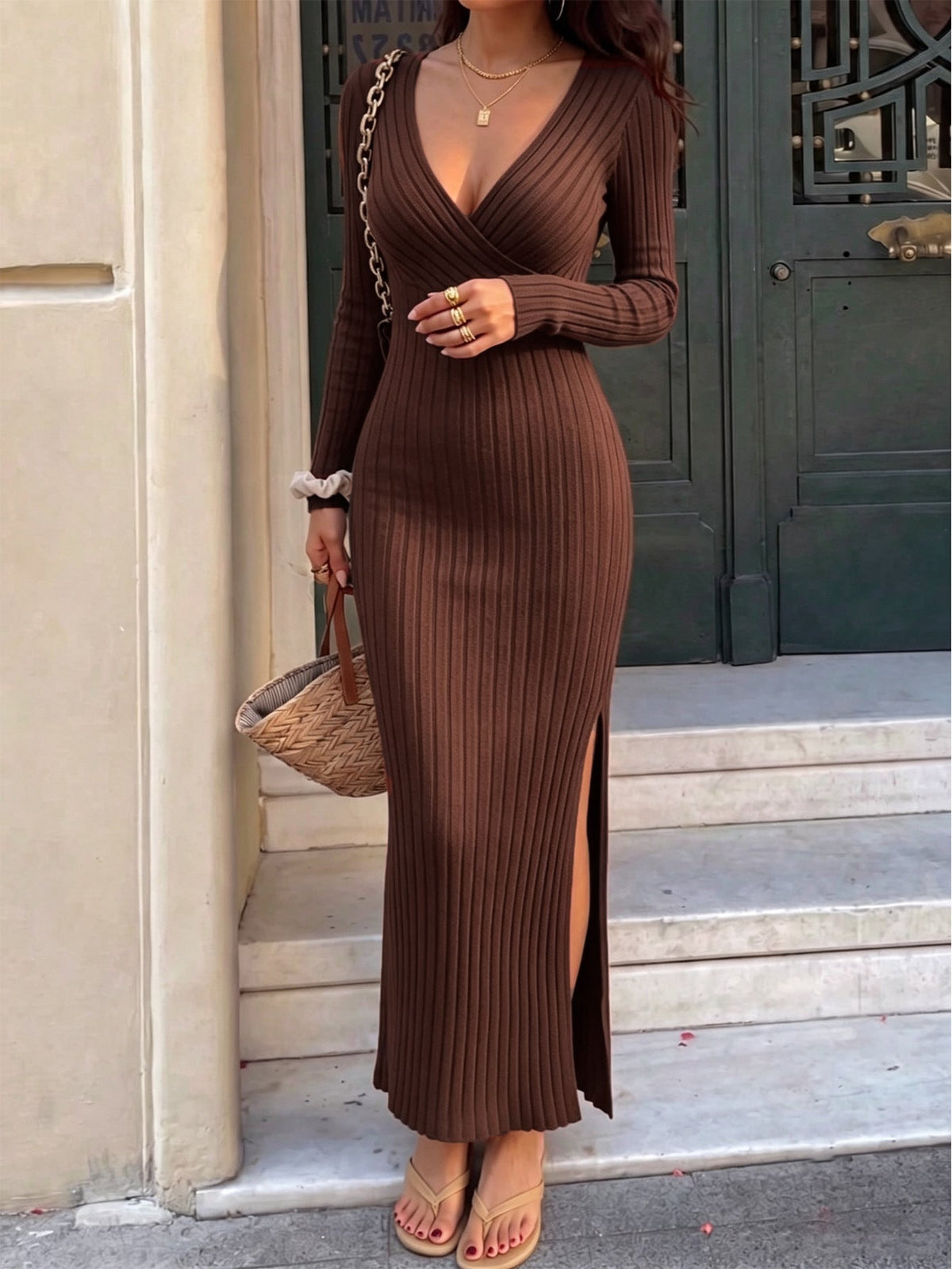 Ribbed Knit Wrap V-Neck Long Sleeve Side Split Bodycon Maxi Dress 5