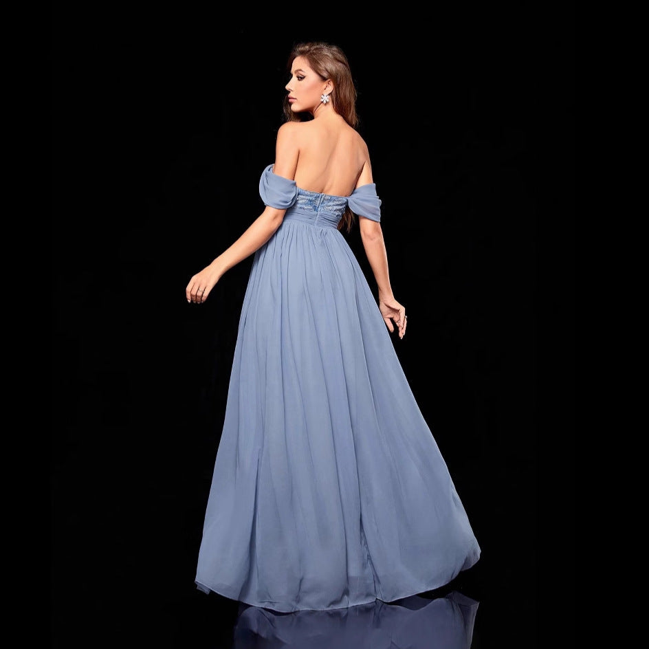 Off Shoulder Lace Bodice Pleated Chiffon A-Line Maxi Dress