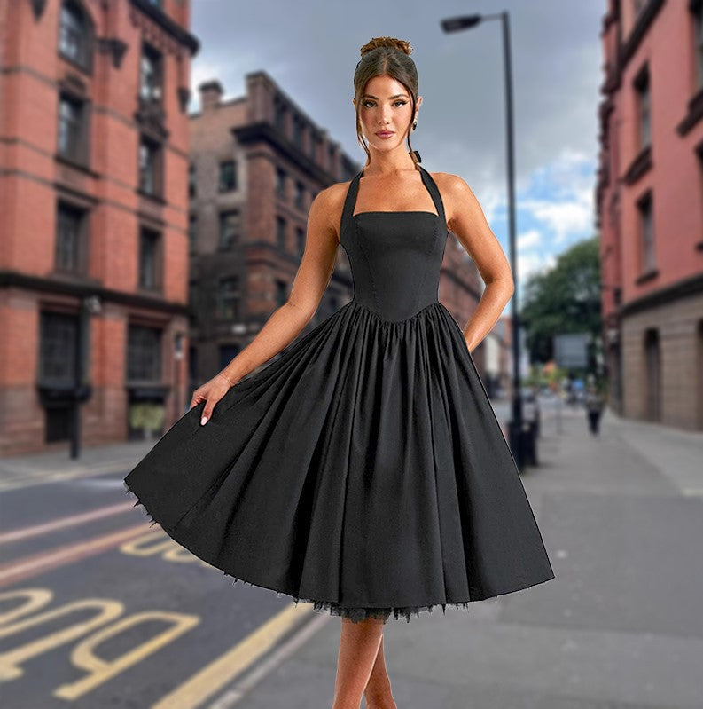 Halter Square Neck Corset Basque Waist Pleated Tulle Hem Midi Dress