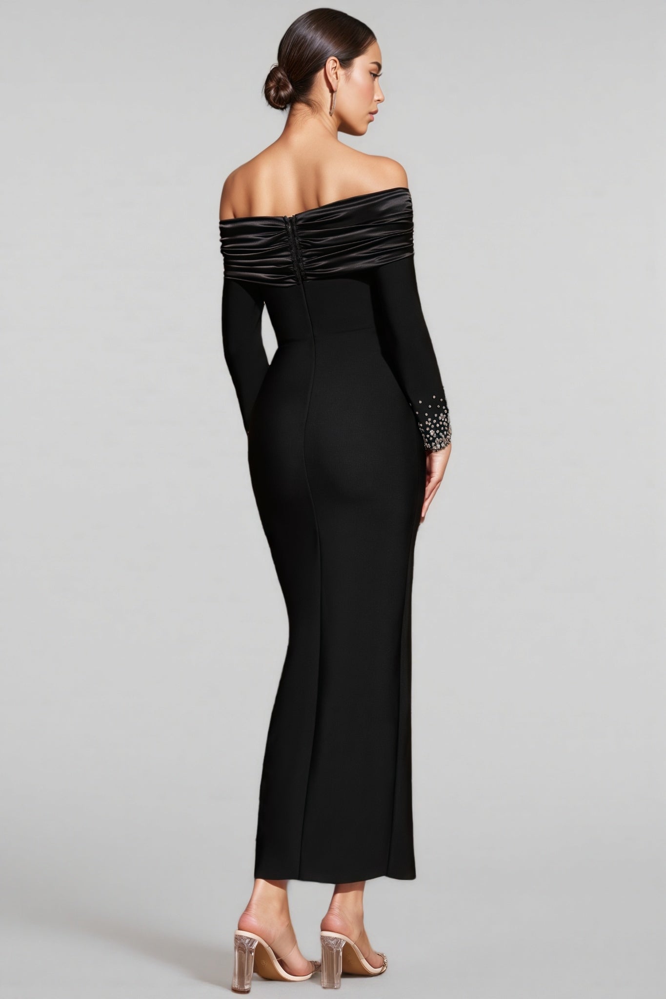 Off Shoulder Ruched Trim Keyhole Cut Out Rhinestone Long Sleeve High Split Maxi Gown
