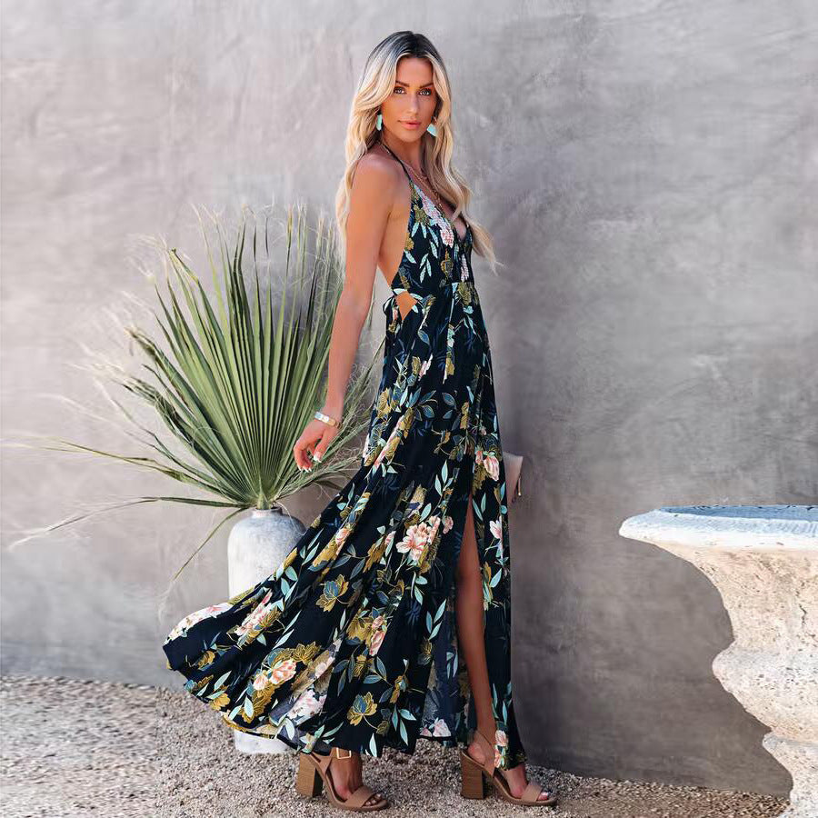 Floral Print Halter V-Neck Backless High Split Maxi Dress 2