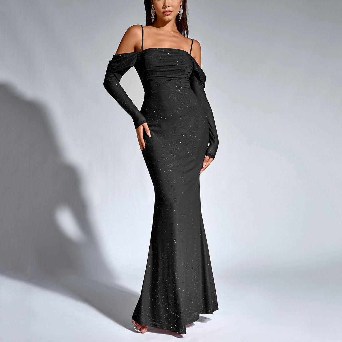 Glitter Mesh Cold Shoulder Long Sleeve Ruched Mermaid Maxi Dress 7
