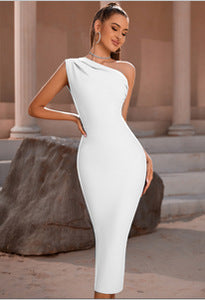 One Shoulder Ruched Bandage Bodycon Midi Dress