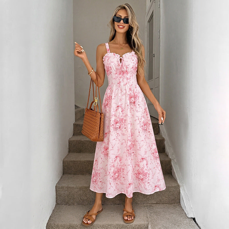Floral Print Sweetheart Ruffle Trim Tie Front Smocked Cami Midi Dress 3