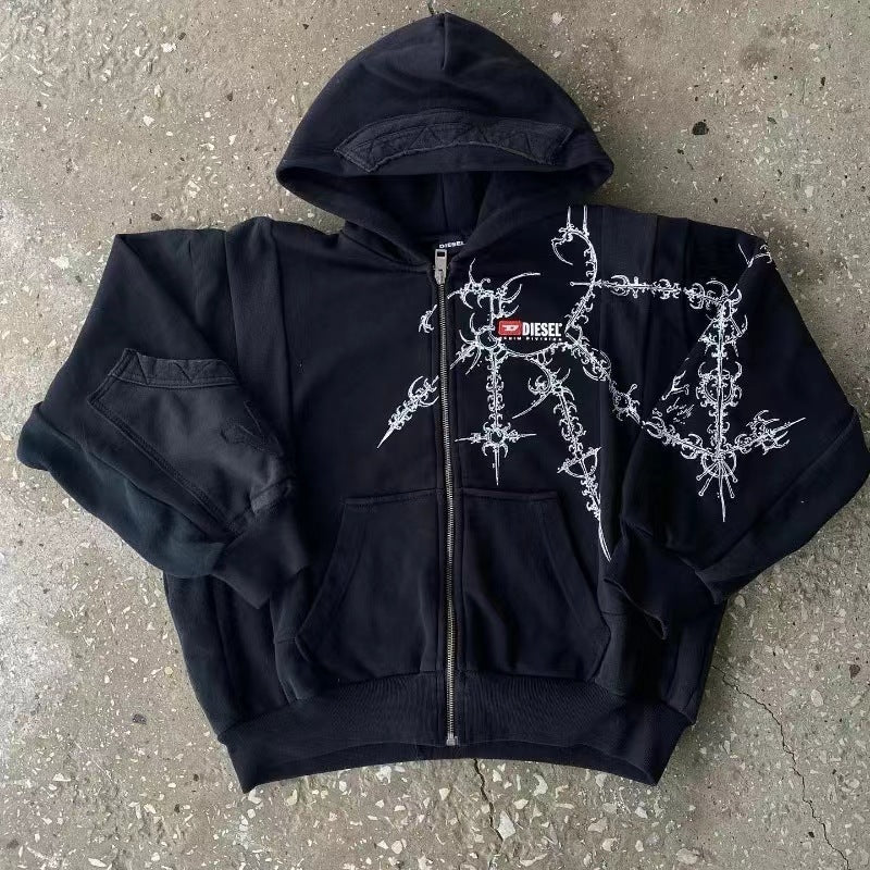 Gothic Tribal Thorn Graphic Print Paneled Zip Front Oversized Hoodie