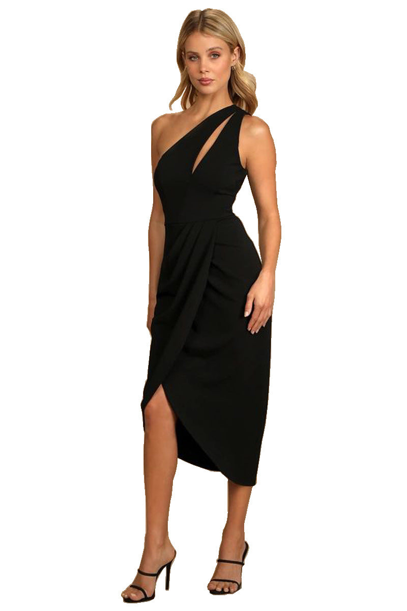 Women Clothes Hip Oblique Shoulder Hollow Out Cutout Pleated Sexy Slit Christmas Dress