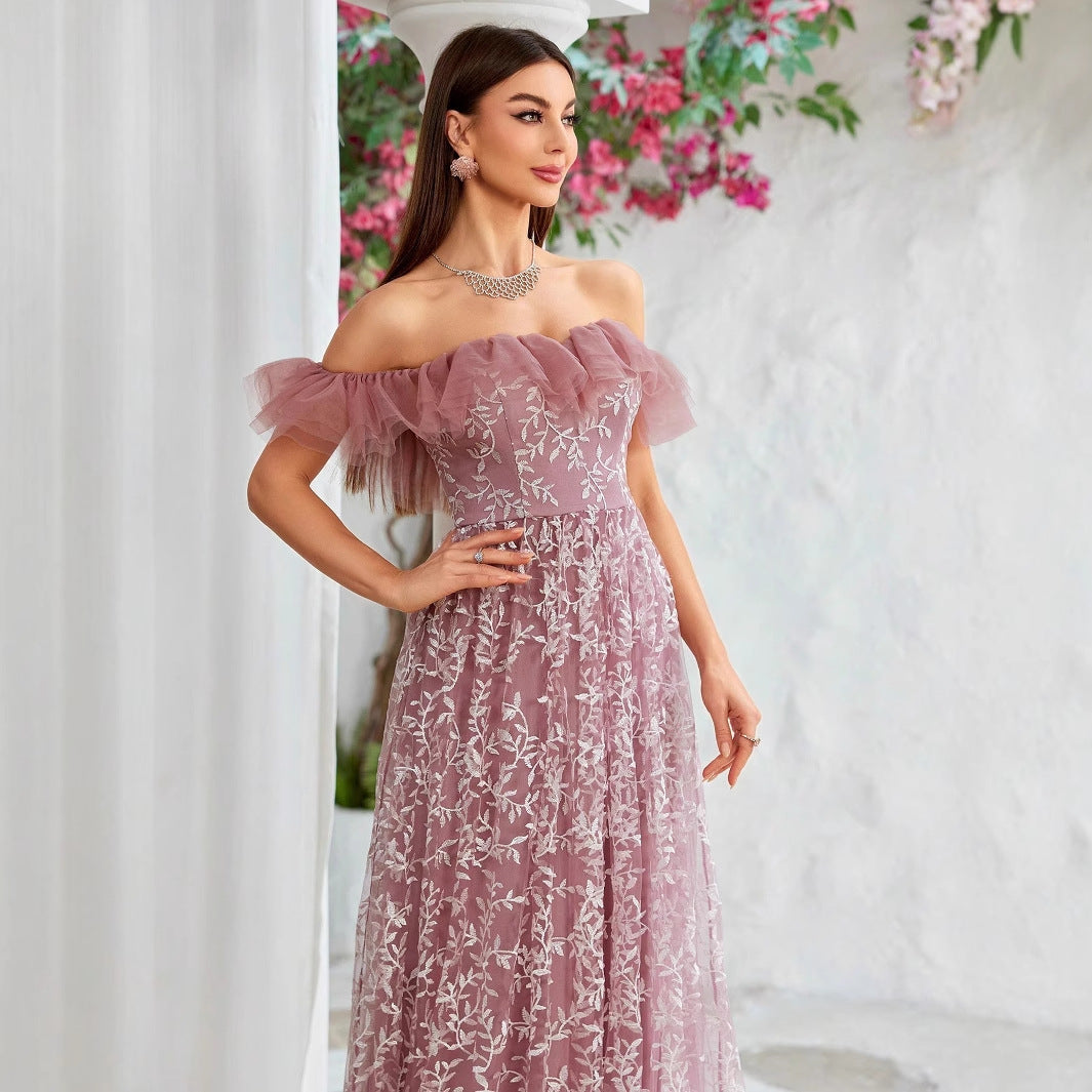 Embroidered Tulle Off Shoulder Ruffle A-Line Maxi Gown