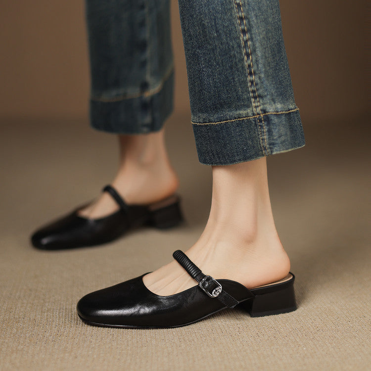 Square Toe Buckle Strap Mary Jane Mules