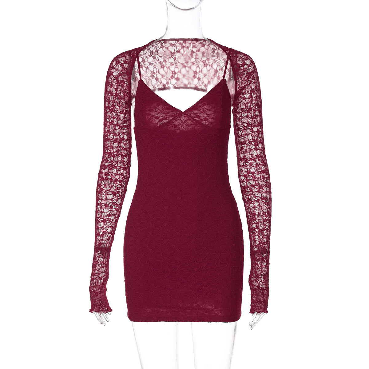 Lace Spaghetti Strap Deep V-Neck Bodycon Mini Dress and Bolero Two-Piece Set