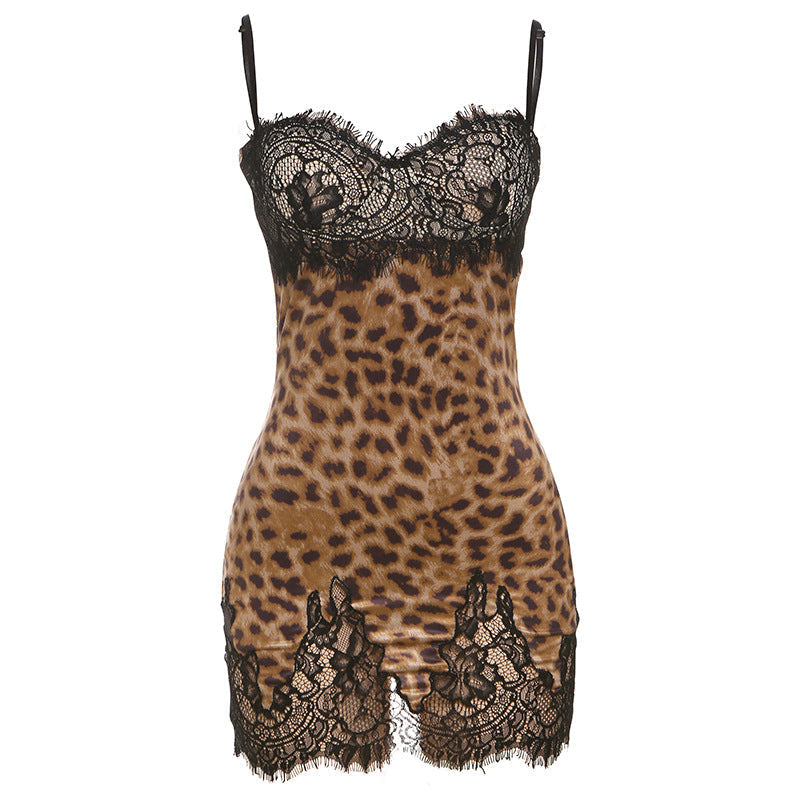 Summer Women Clothing Sexy Leopard Print Slim Fit Backless Lace Splicing Sling Dress 5