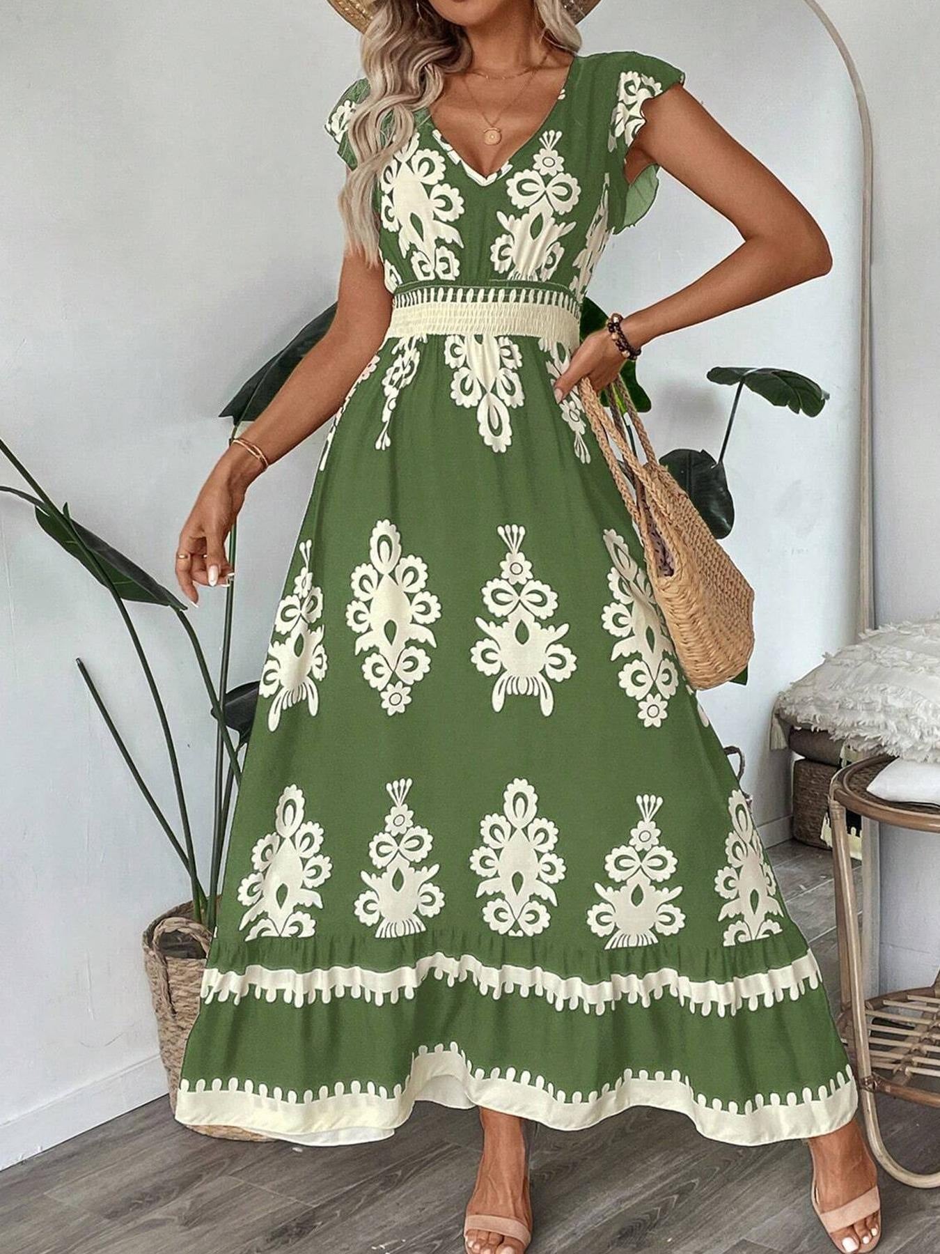 Bohemian Damask Print V-Neck Cap Sleeve Smocked Waist Ruffle Hem Maxi Dress