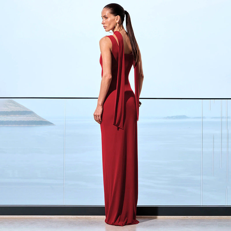 Scoop Neck Keyhole Cut Out Hardware Accent Bodycon Maxi Gown