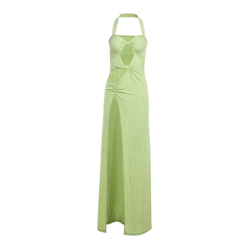 Halter Neck Cut Out High Split Pleated Maxi Dress