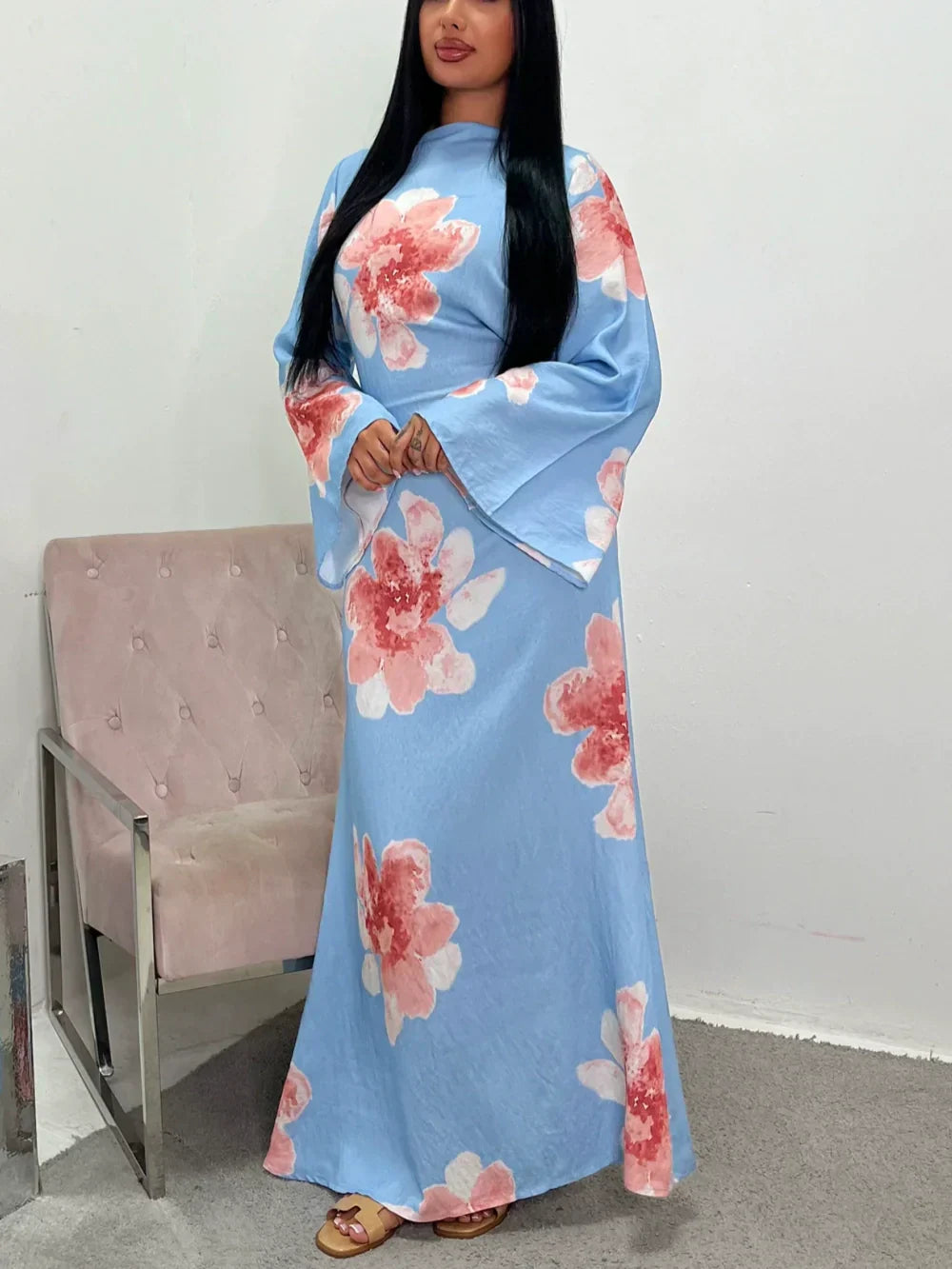 Printed dress with a tight waist maxi dress Blue