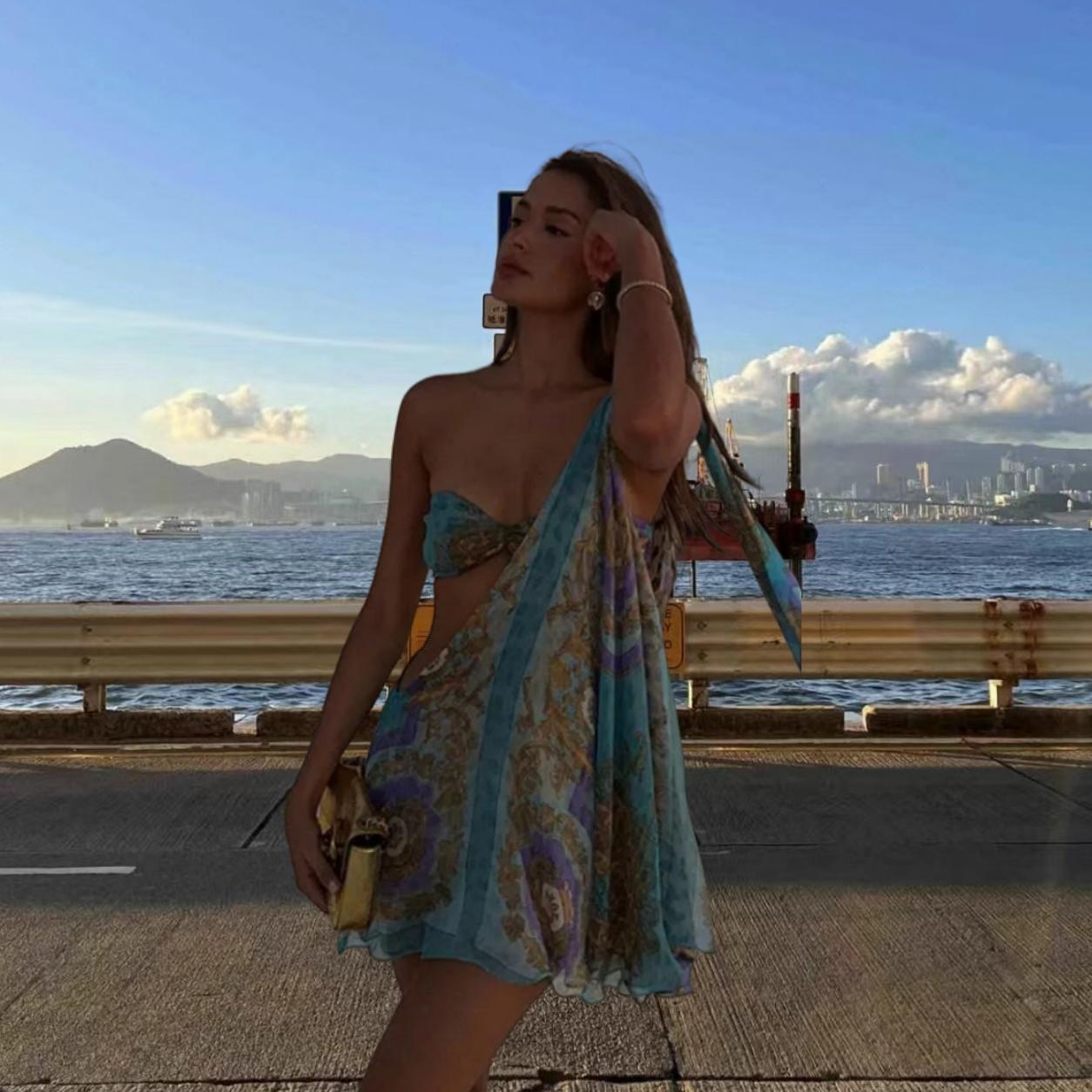 One Shoulder Twist Front Cut Out Flowy Mini Dress