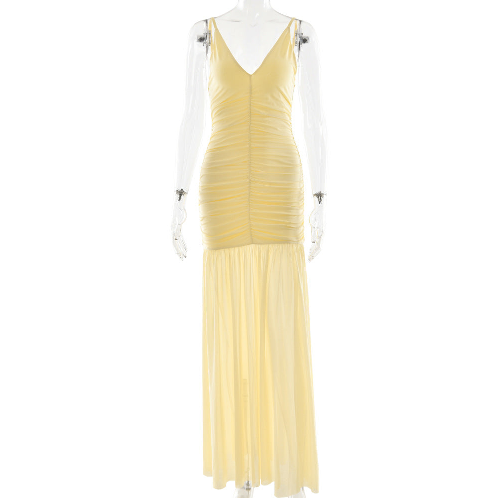 Straps Tulle Deep V Plunge Pleated Stitched Backless Maxi Dress - View 5