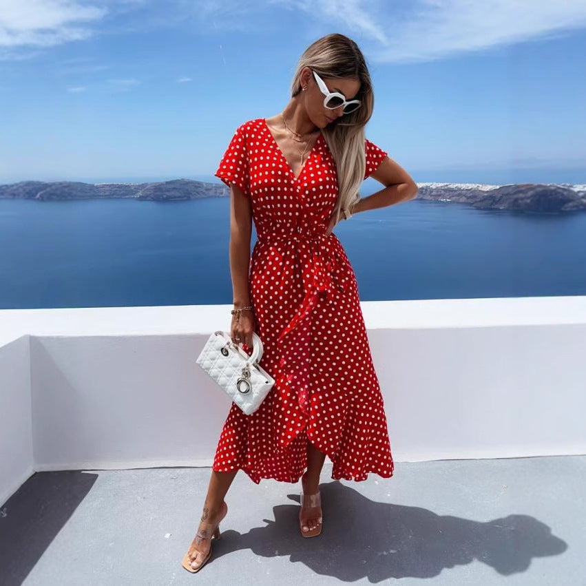 Polka Dot Wrap Deep V-Neck Short Sleeve Ruffle High Low Maxi Dress