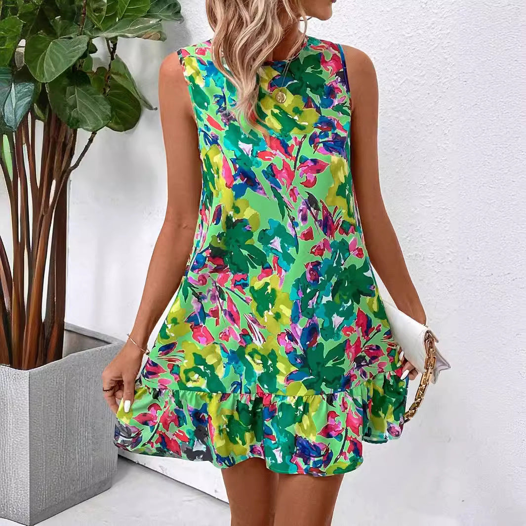 Summer Elegant Ladies Floral Print Sleeveless Ruffles Dress