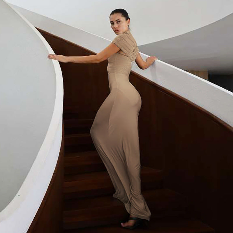 Mock Neck Short Sleeve Ruched Bodice Bodycon Maxi Dress
