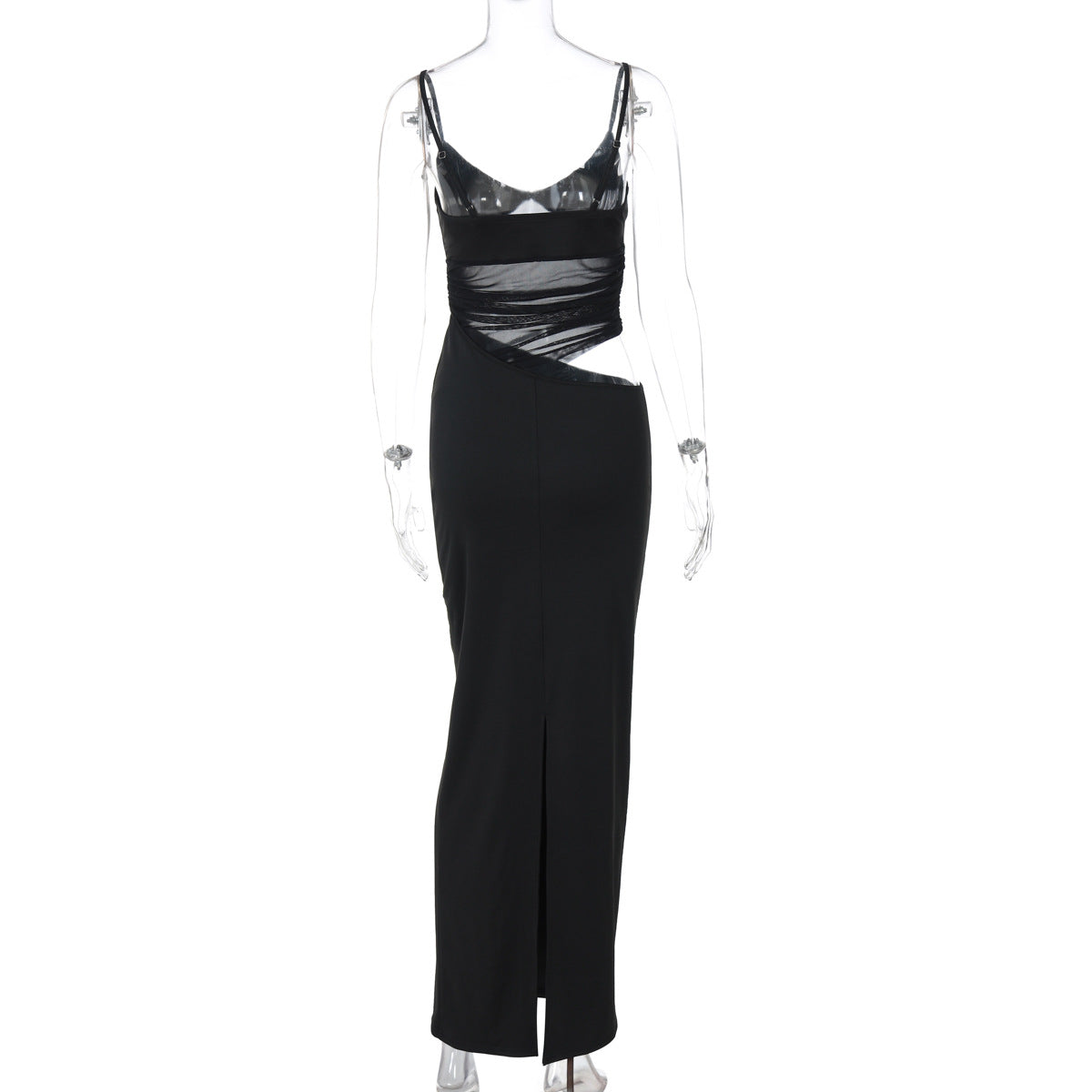 Spaghetti Strap Sheer Mesh Ruched Cut Out Bodycon Maxi Dress