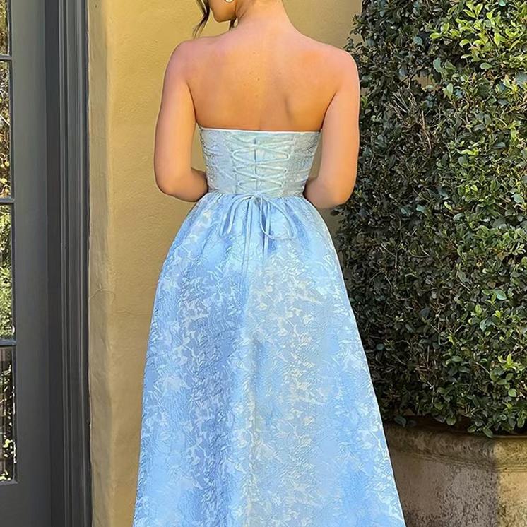 Jacquard Strapless Ruched Waist Fit and Flare Midi Dress