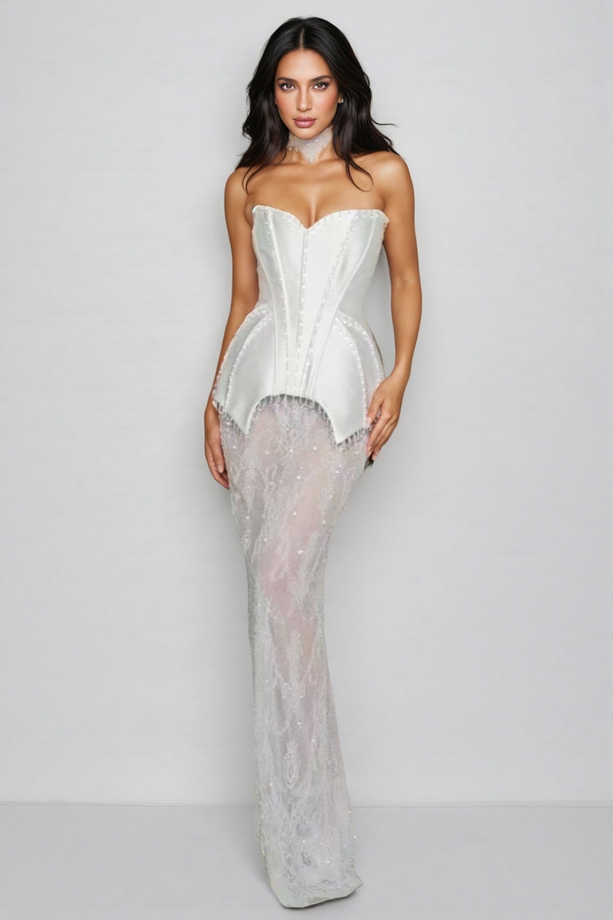 Strapless Satin Corset Peplum Beaded Lace Mermaid Gown