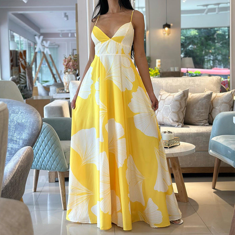 Ginkgo Leaf Print V-Neck Spaghetti Strap A-Line Maxi Dress