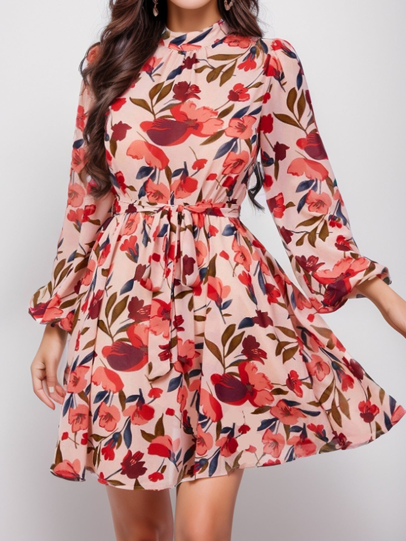 Floral High Neck Long Sleeve Tie Waist Fit and Flare Mini Dress