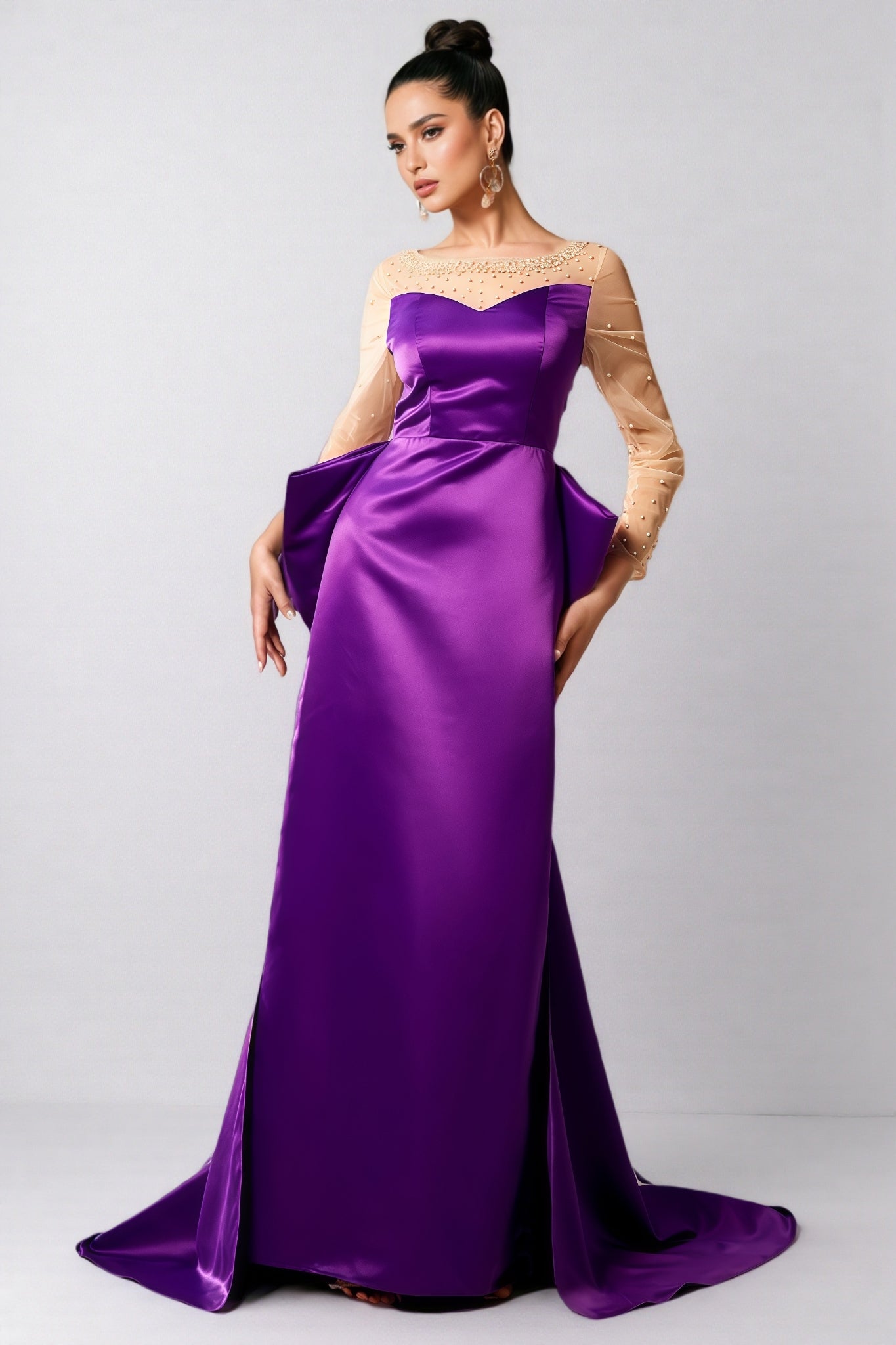 Pearl Embellished Sheer Mesh Yoke Long Sleeve Sweetheart Hip Bow Maxi Gown