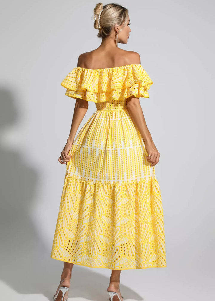 Soleia Ruffle Off-Shoulder Dress EmbroideRed Boho Midi