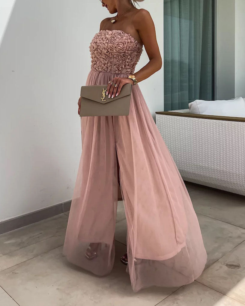 Off-shoulder tube top mesh slit tutu dress