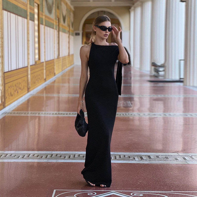 Sleeveless High Neck One Shoulder Tie Sash Bodycon Column Gown