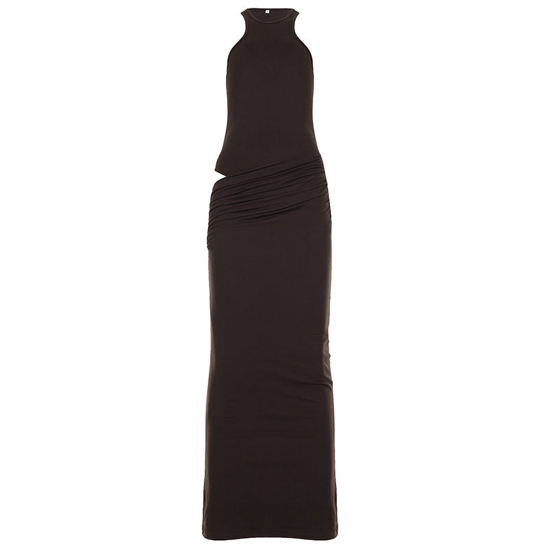 Halter Neck Sleeveless Hip Cut Out Ruched Waist Column Maxi Dress 2