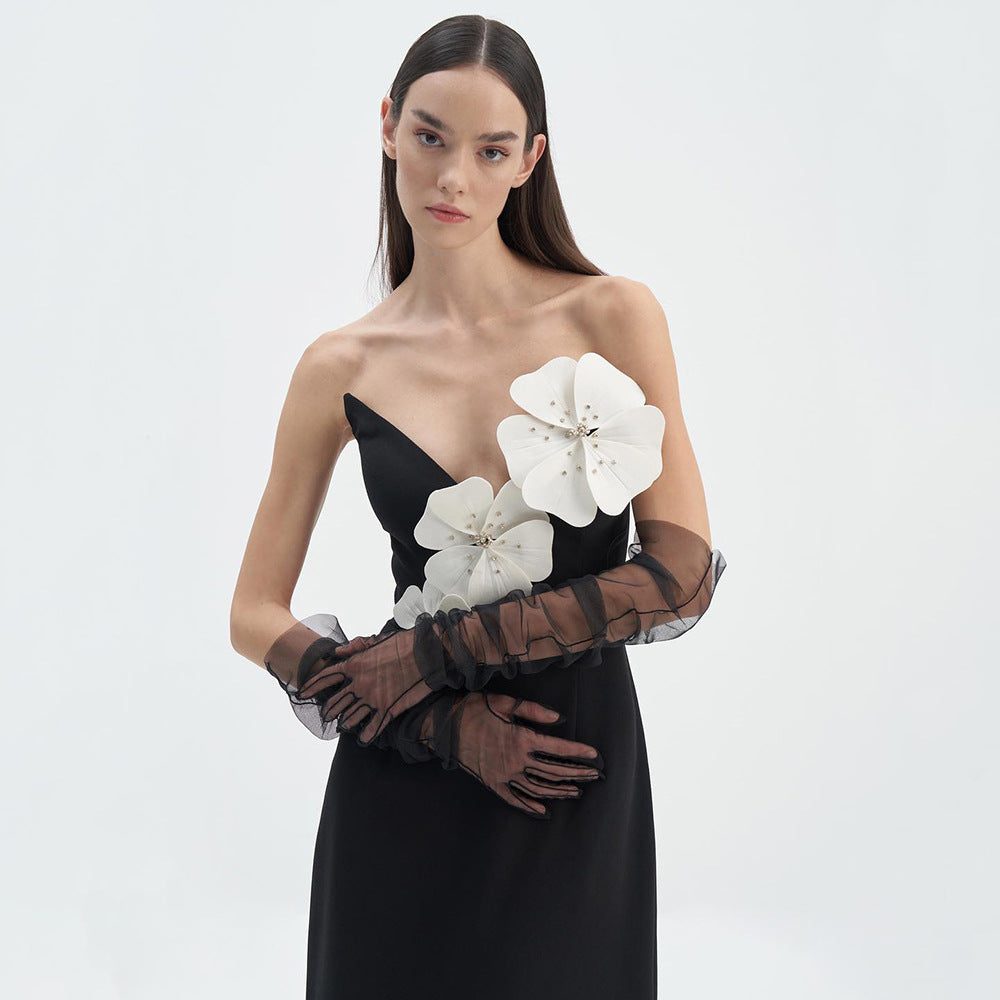 Strapless 3D Floral Applique Column Maxi Gown