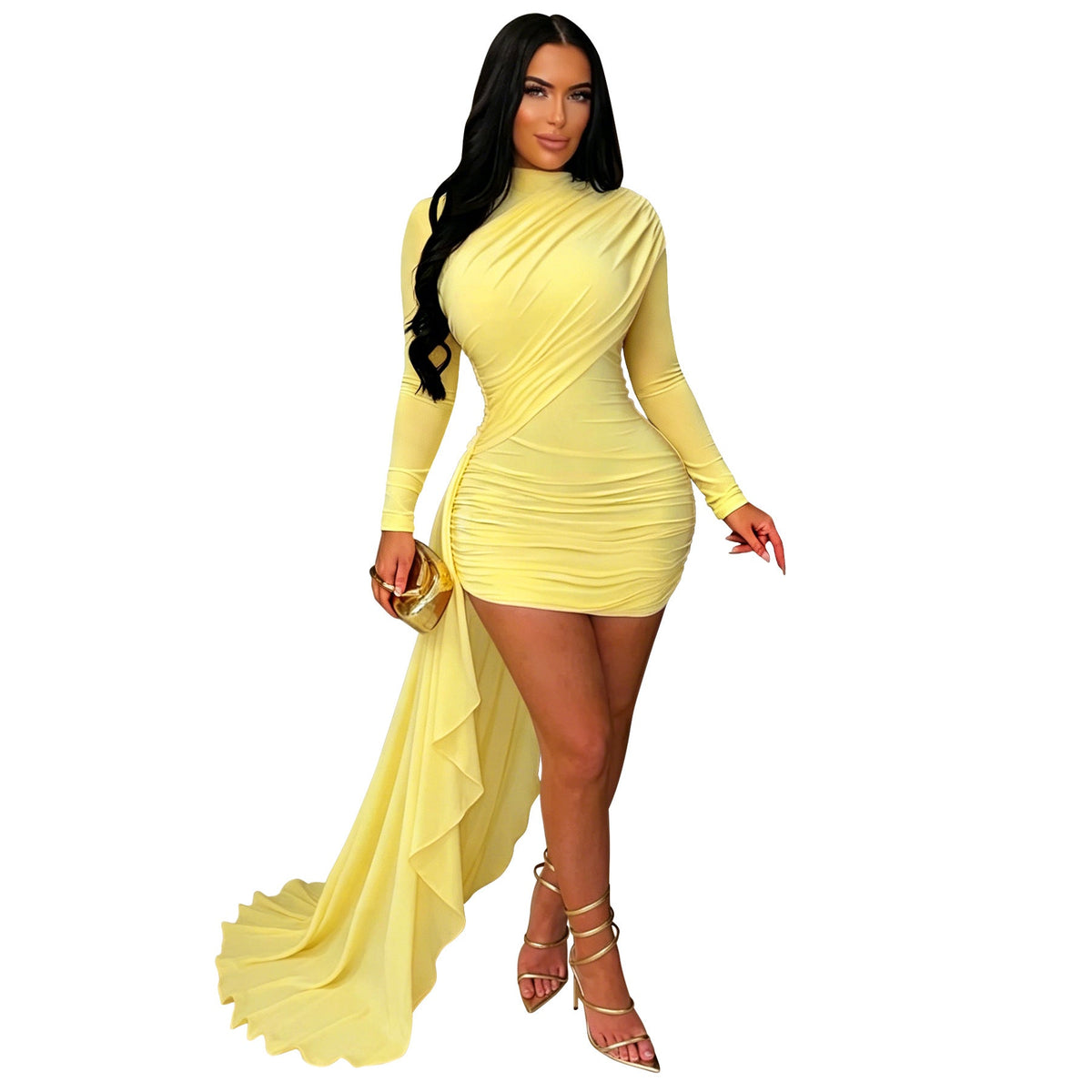 Mock Neck Long Sleeve Ruched Bodycon Mini Dress with Draped Train 6