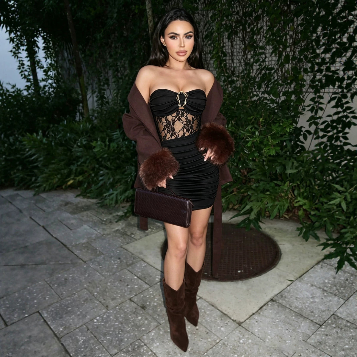 Tube Top Package Hip Dress With Metal Buckle Decoration Lace Stitching Ruffle Slim Fit Dress