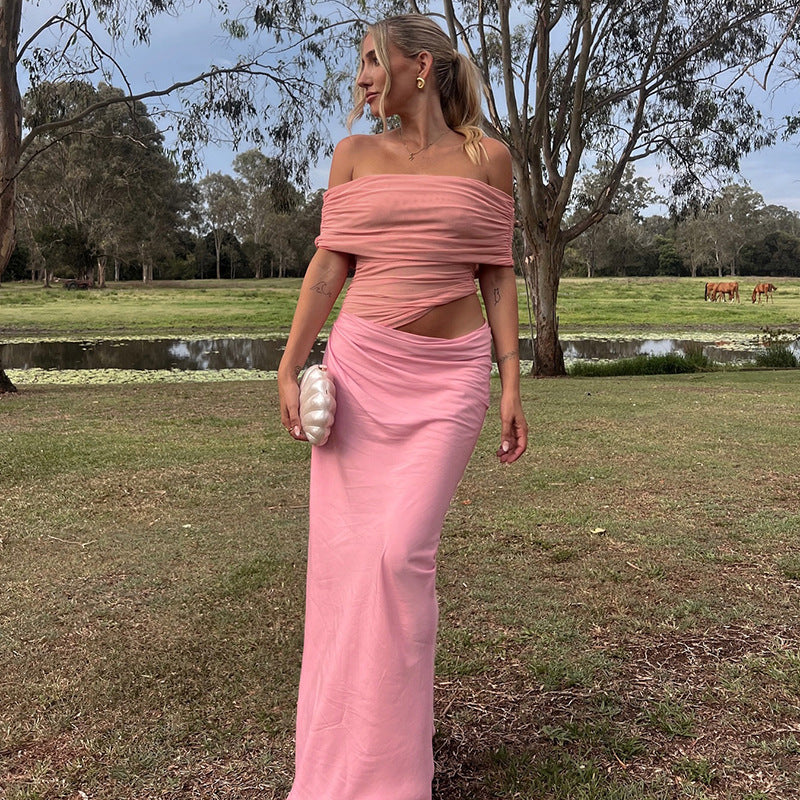 Off Shoulder Ruched Asymmetric Drape Hip Maxi Gown