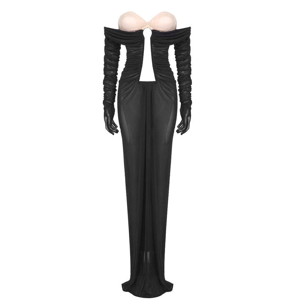 Mesh Off Shoulder Midriff Cut Out Ruched Integrated Glove Sleeve Maxi Gown