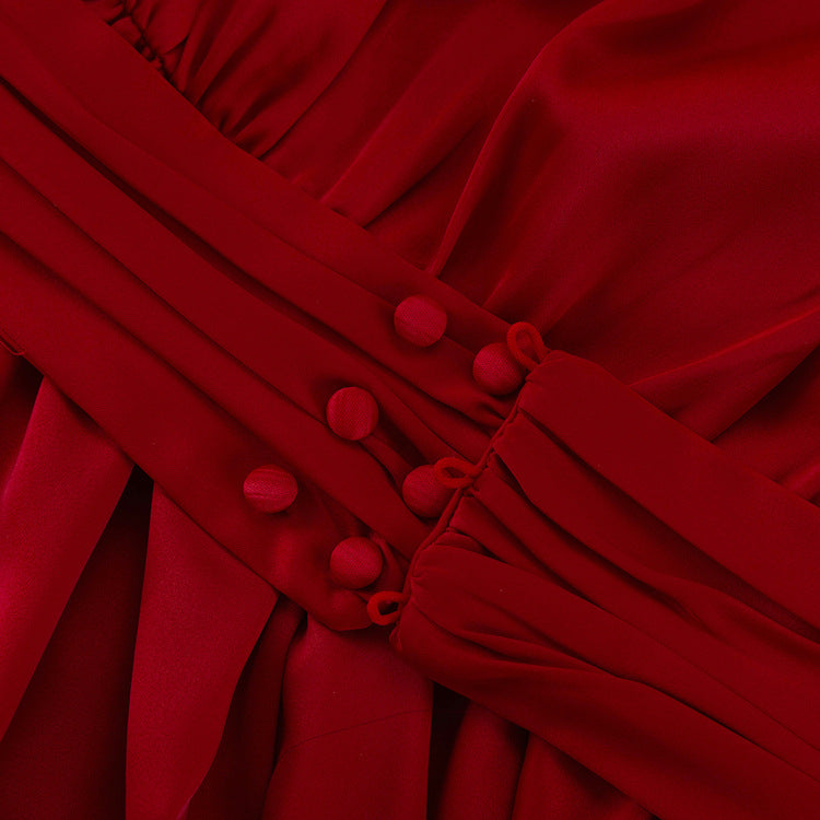 Ruched Puff Sleeve V Neck Waist Belt Satin A Line Mini Dress - View 6
