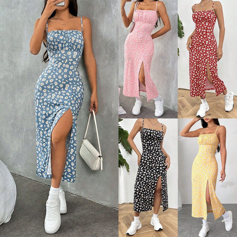 Square Neck Spaghetti Strap Floral High Split Bodycon Midi Dress