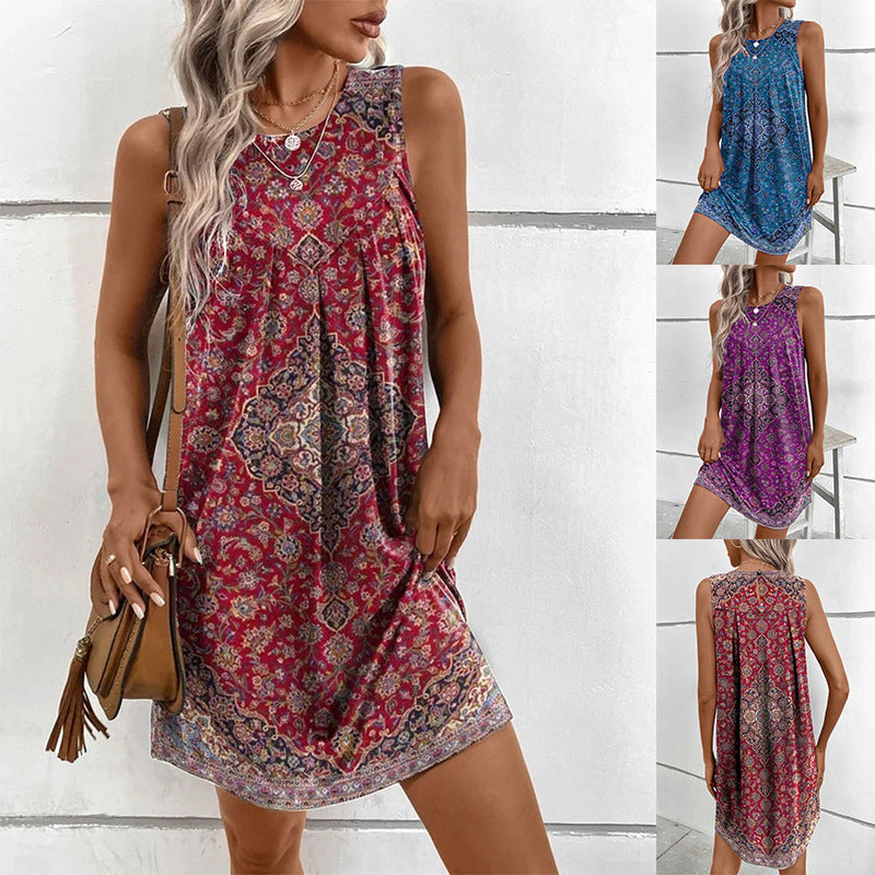Mandala Print Sleeveless Crew Neck Keyhole Back Shift Mini Dress