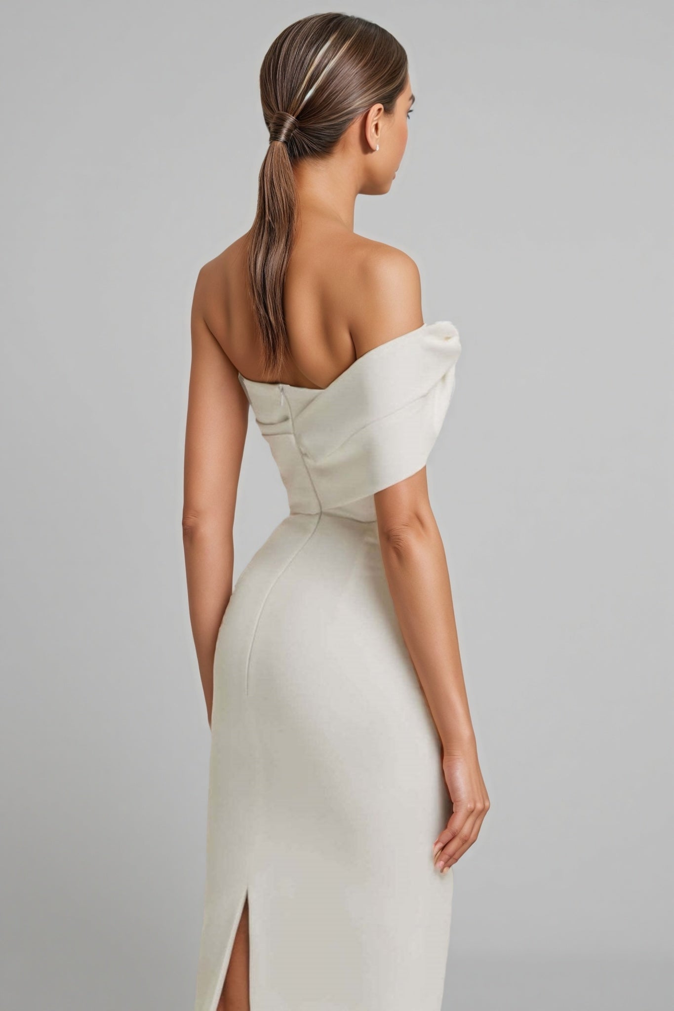 Off Shoulder Twist Front Draped Bodycon Midi Dress