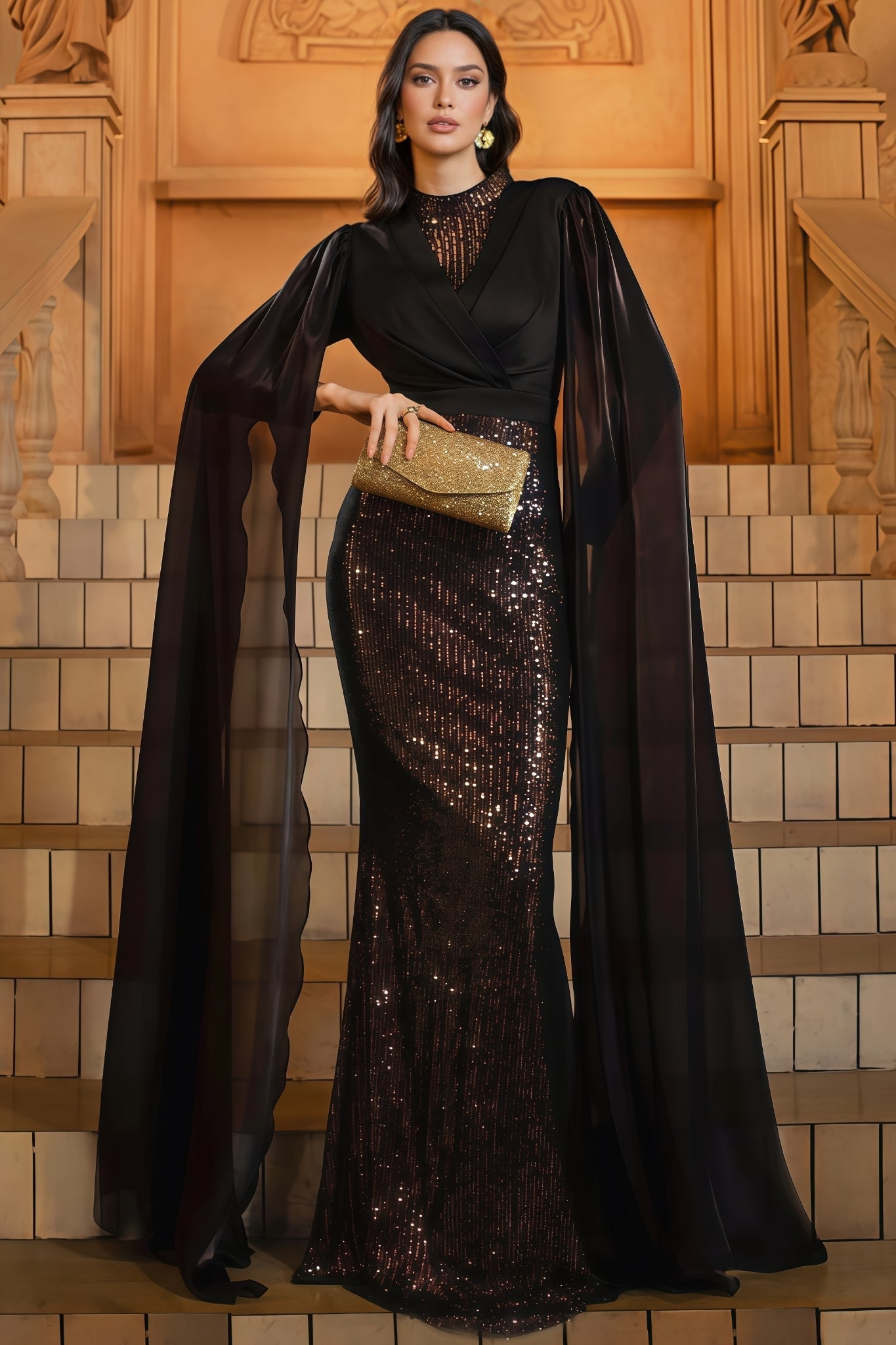 Mirt Black Round Neck Sequin Maxi Dress - View 3
