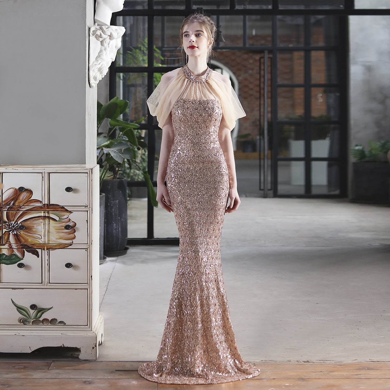 Sequin Halter Neck Sheer Cape Mermaid Gown