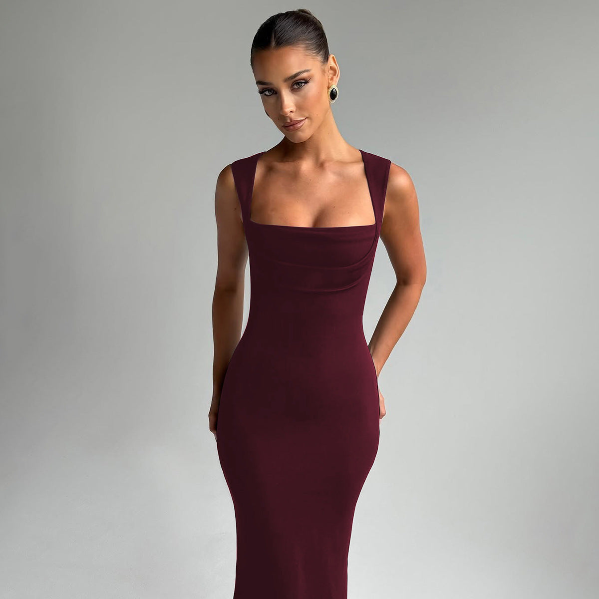 Square Neck Sleeveless Ruched Bust Bodycon Maxi Dress 3