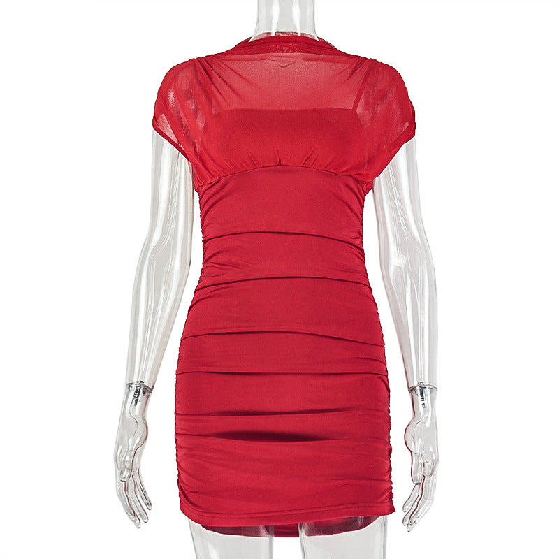 Mesh Mock Neck Cap Sleeve Ruched Bodycon Mini Dress 5